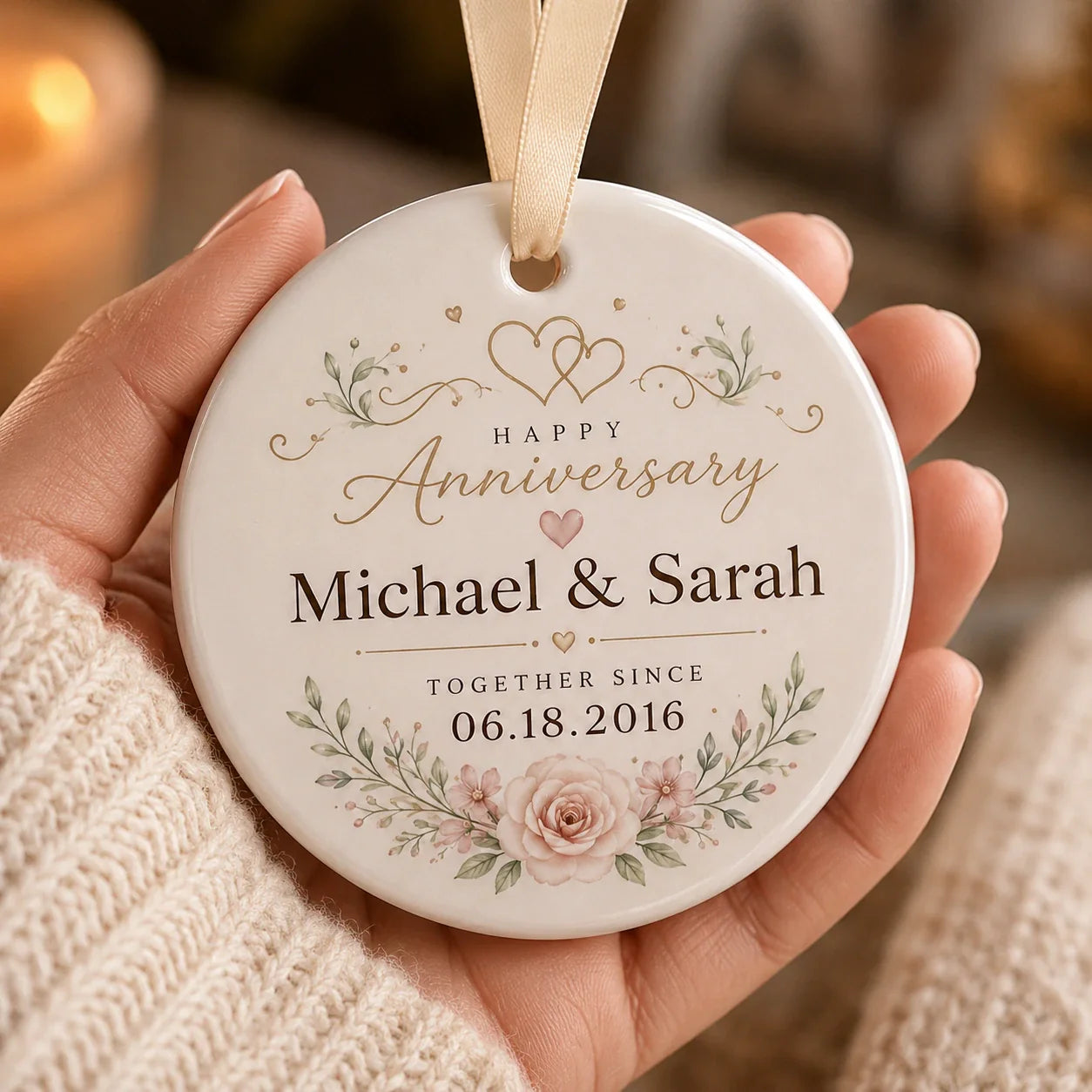Personalized anniversary ornament for couple with names and date