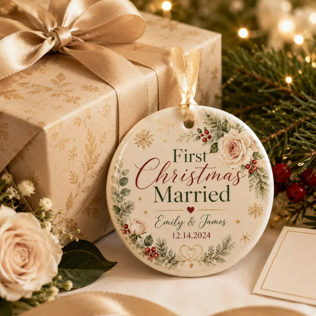 Personalized Christmas keepsake ornament for newly married couple