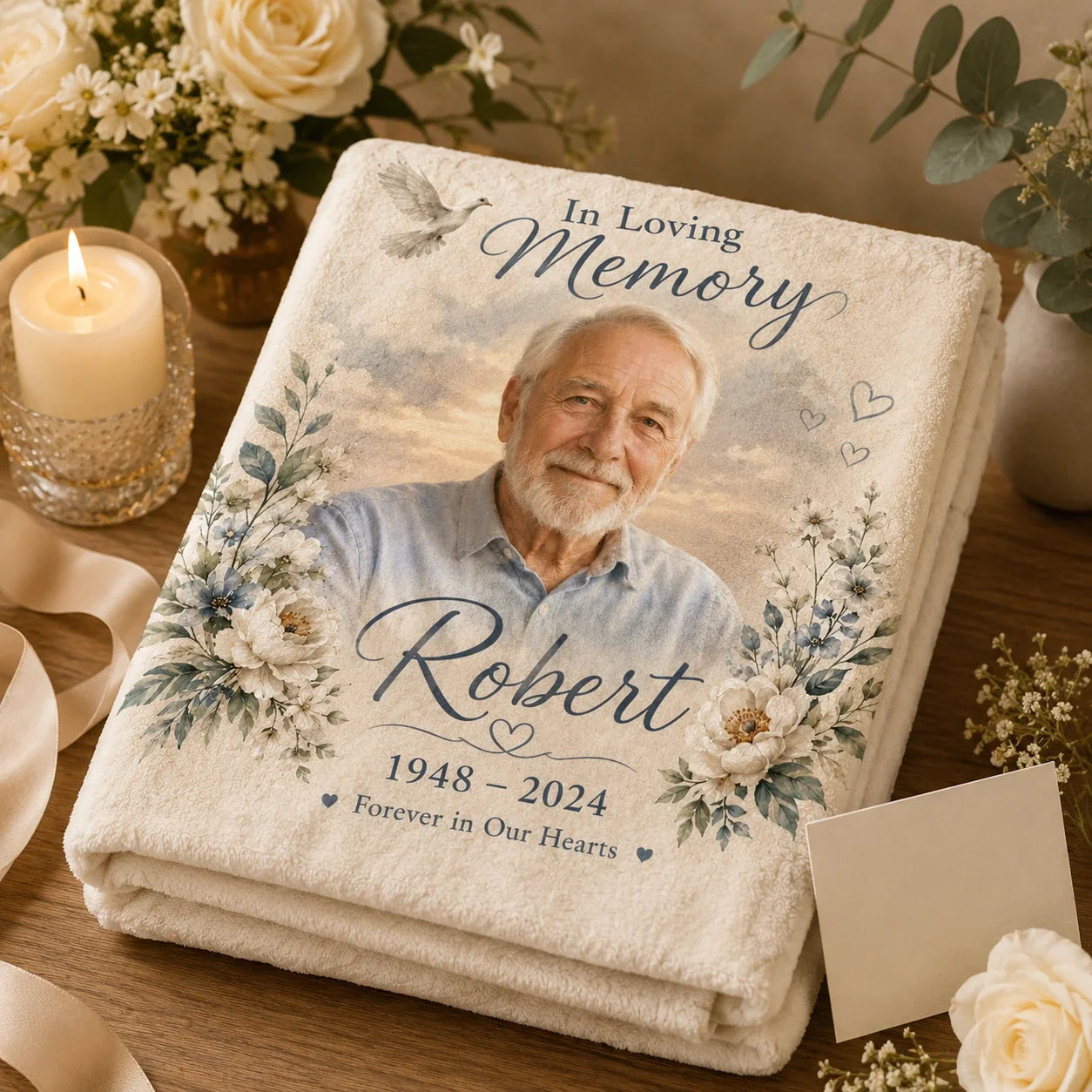 Memorial blanket gift with photo, name, and meaningful date