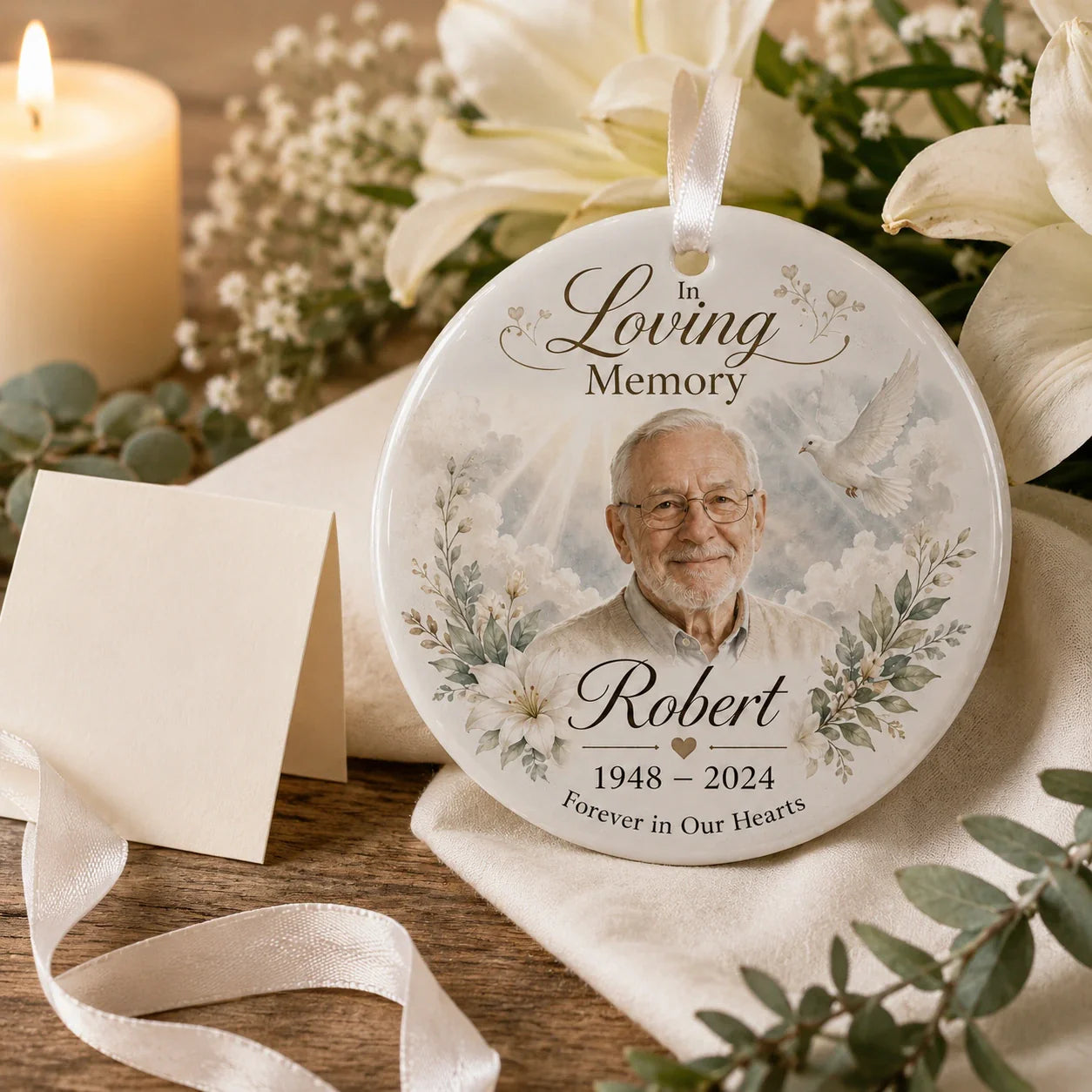 Memorial keepsake ornament with photo and meaningful date