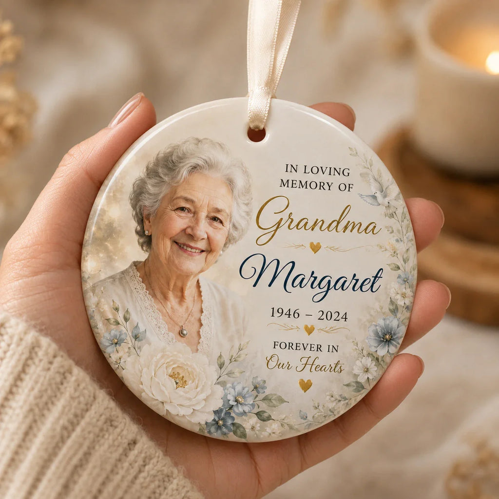 Personalized grandma memorial ornament with photo, name, and date