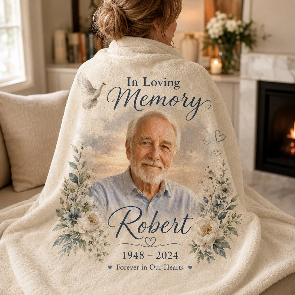 Custom remembrance blanket featuring a photo and memorial details
