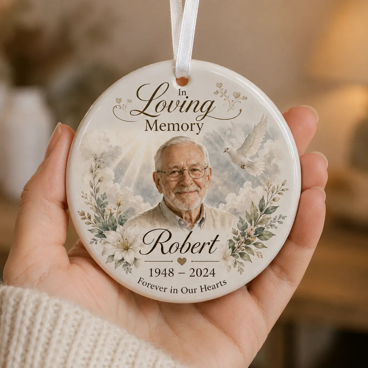 Personalized memorial ornament with photo, name, and date