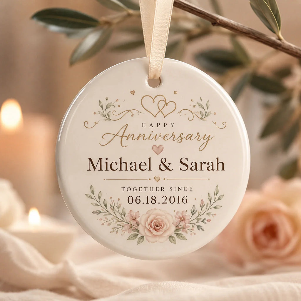 Custom couple ornament featuring names and a special anniversary date