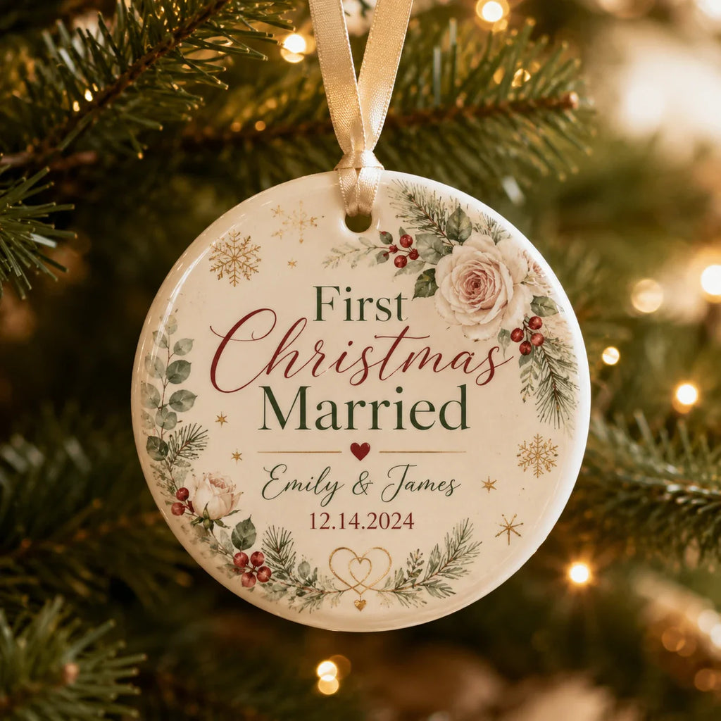 Custom wedding ornament for bride and groom’s first Christmas