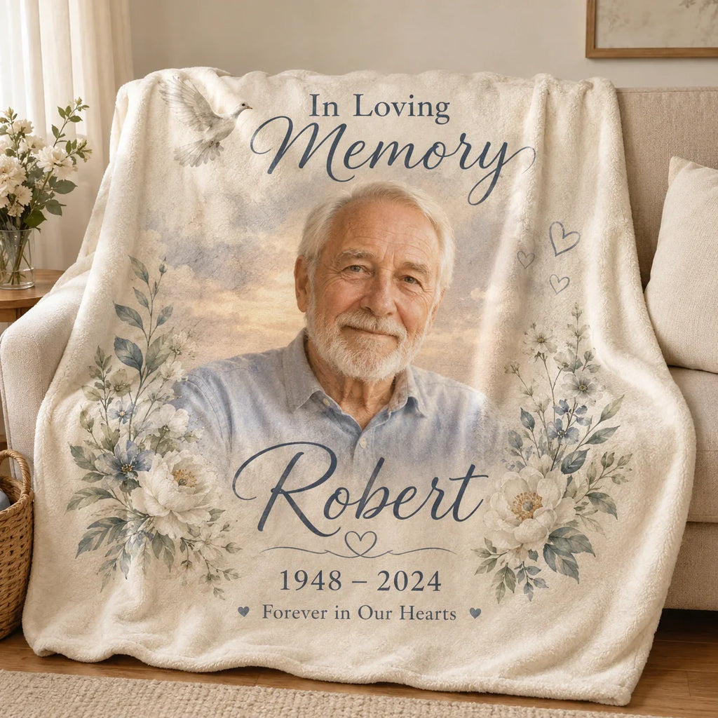 Personalized memorial photo blanket with name and date