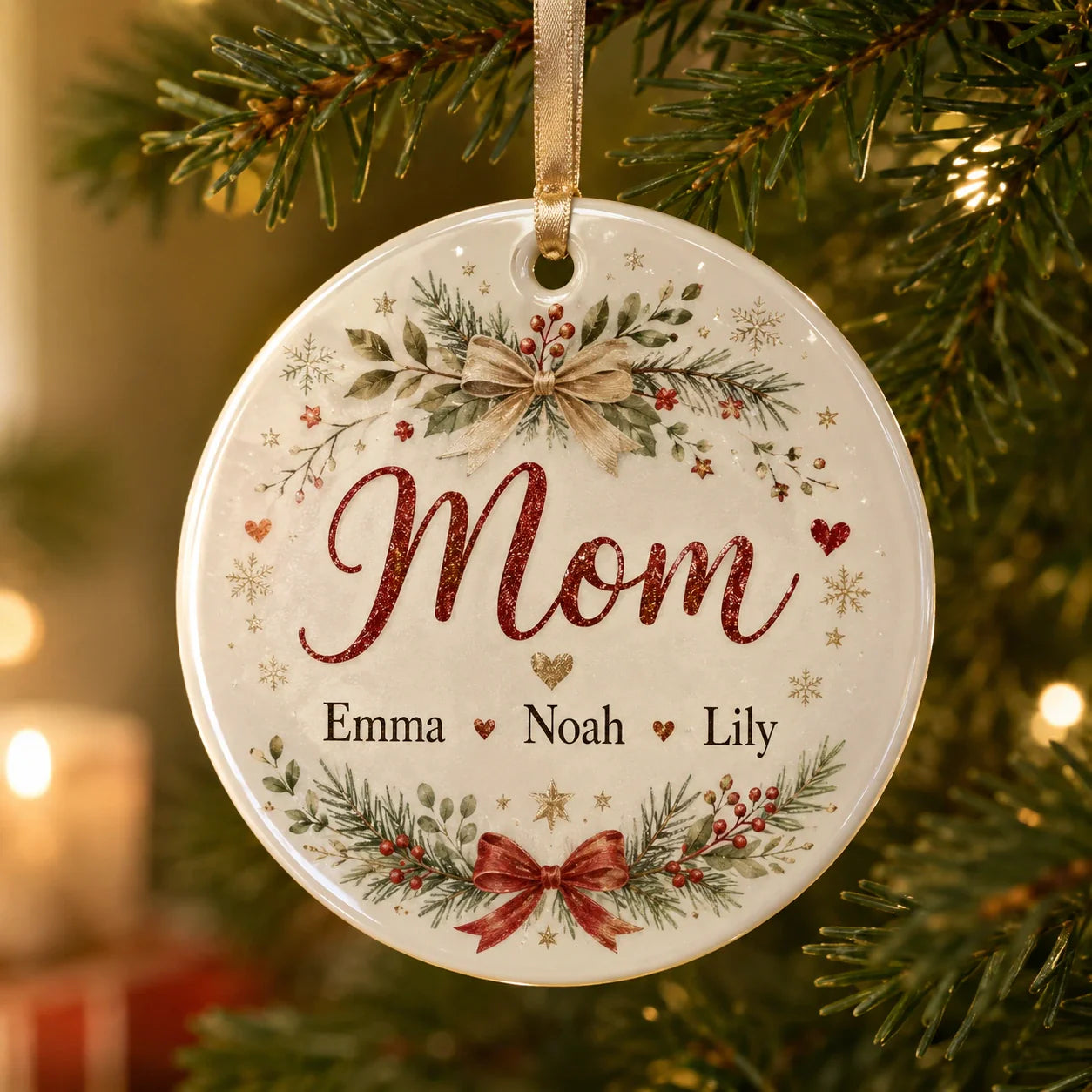 Custom Christmas ornament for Mom featuring children’s names