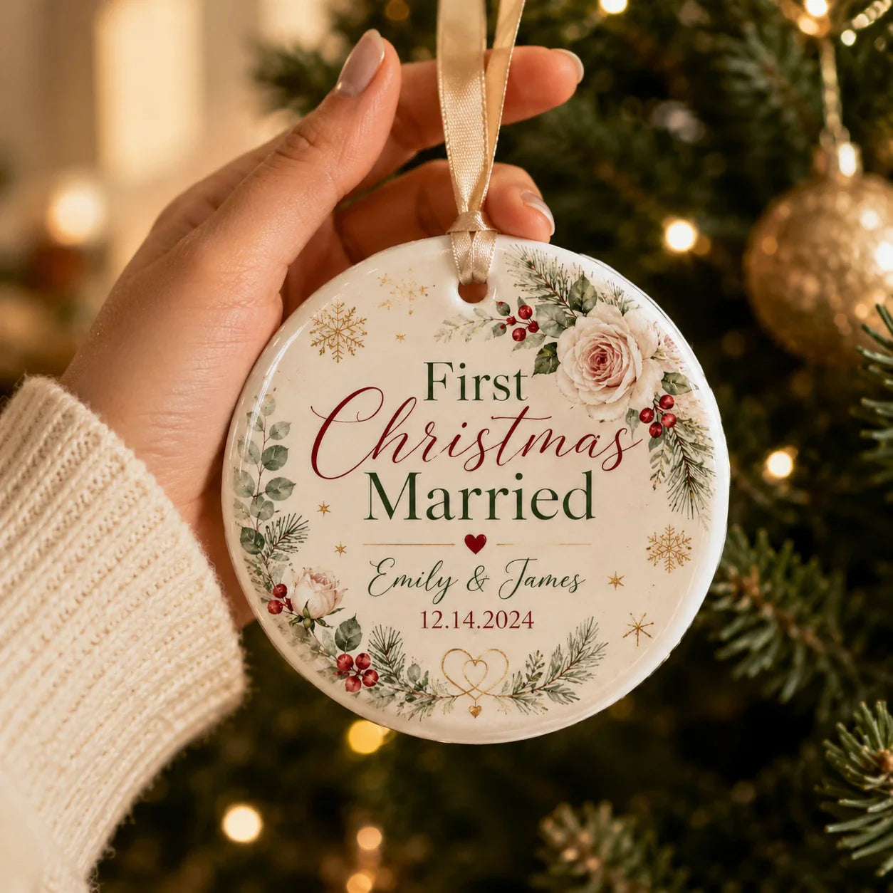 Personalized first Christmas married ornament for newlyweds